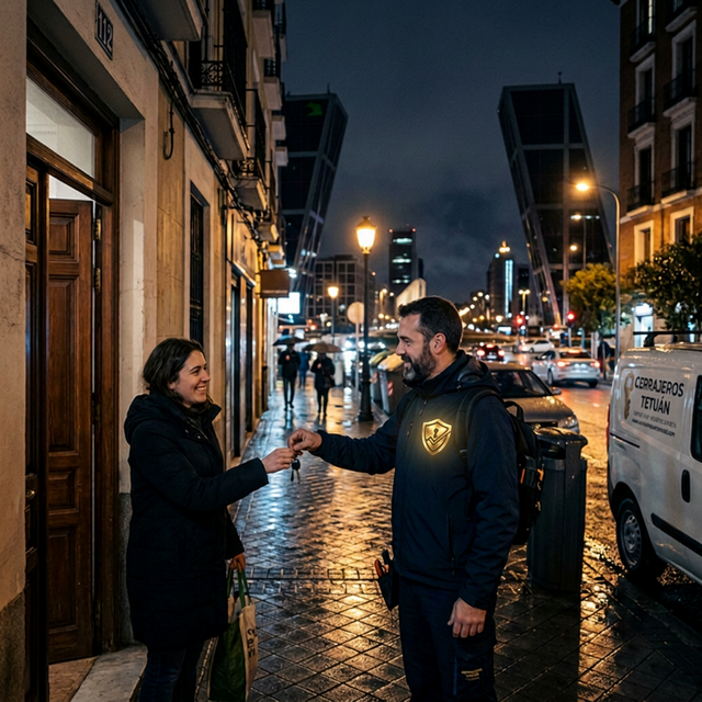 Cerrajero nocturno solucionando una pérdida de llaves en Plaza Castilla bajo la lluvia